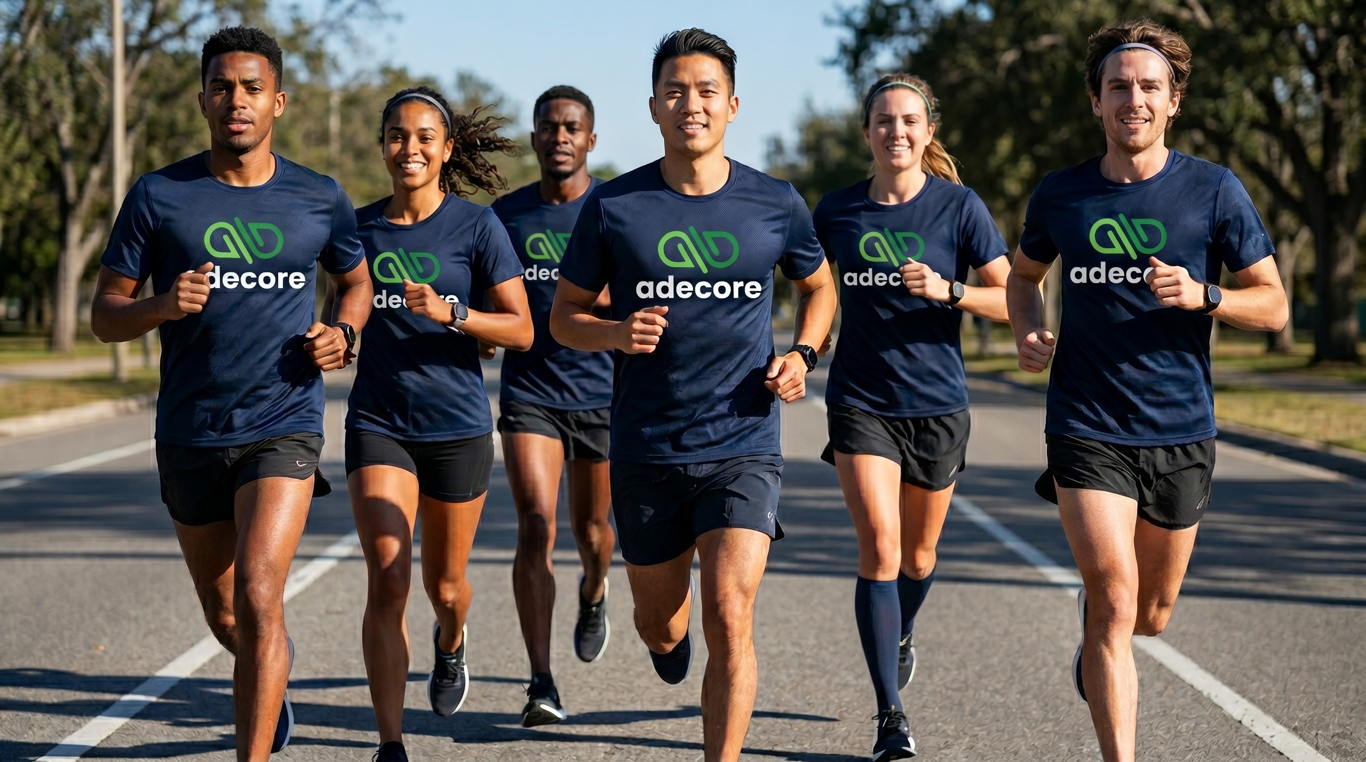 Grupo de atletas correndo com camisetas Adecore