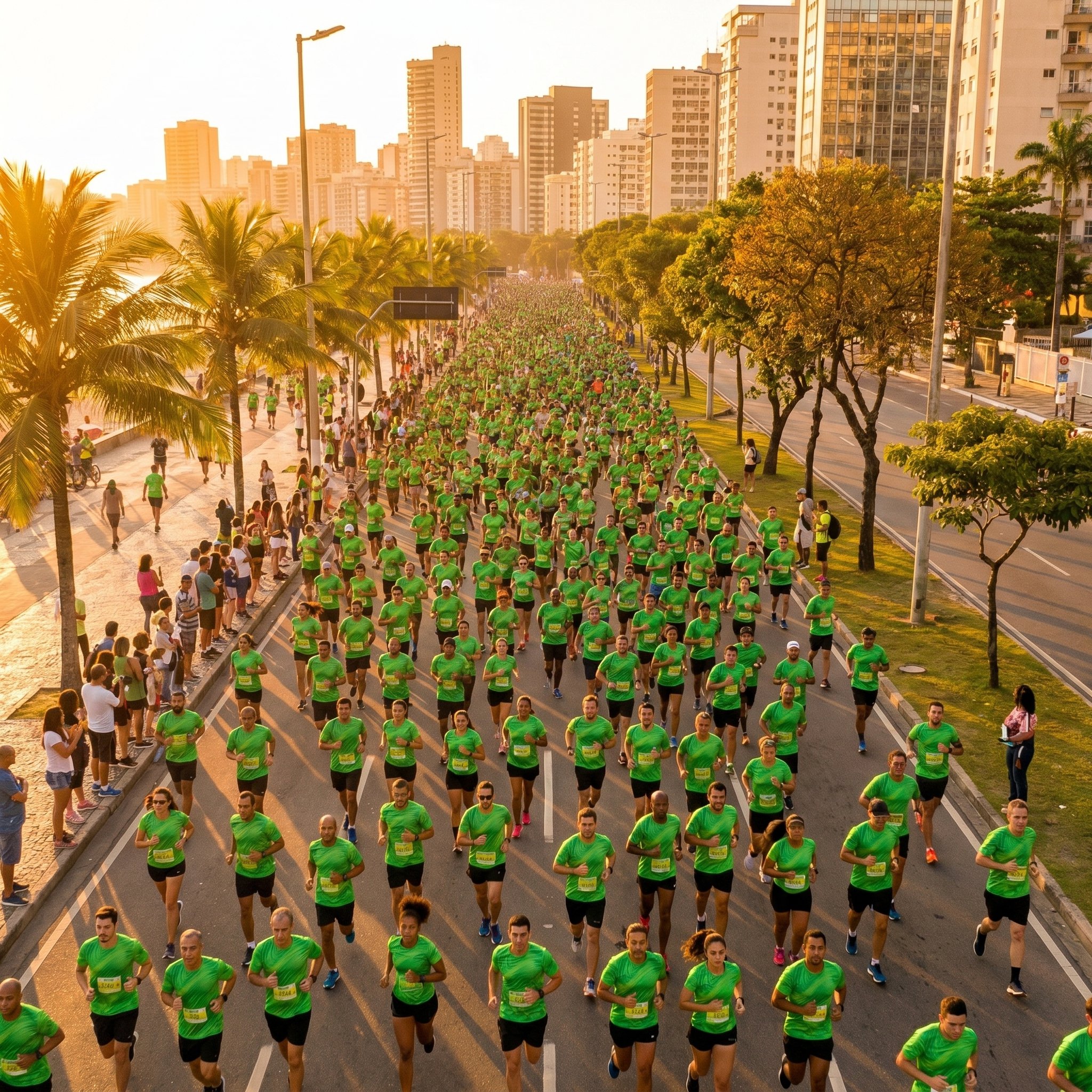 Multidão de corredores usando camisetas verdes em corrida de rua
