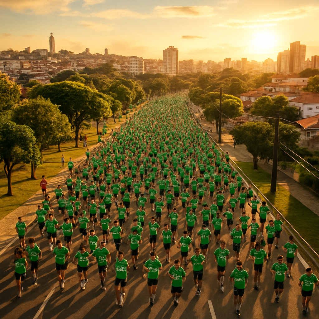 Evento de corrida com centenas de atletas usando camisetas sublimadas